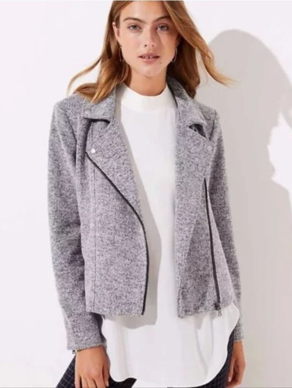 Ann Taylor LOFT Marled Gray Knit Zip Moto Jacket Casual Stretch Lined XS